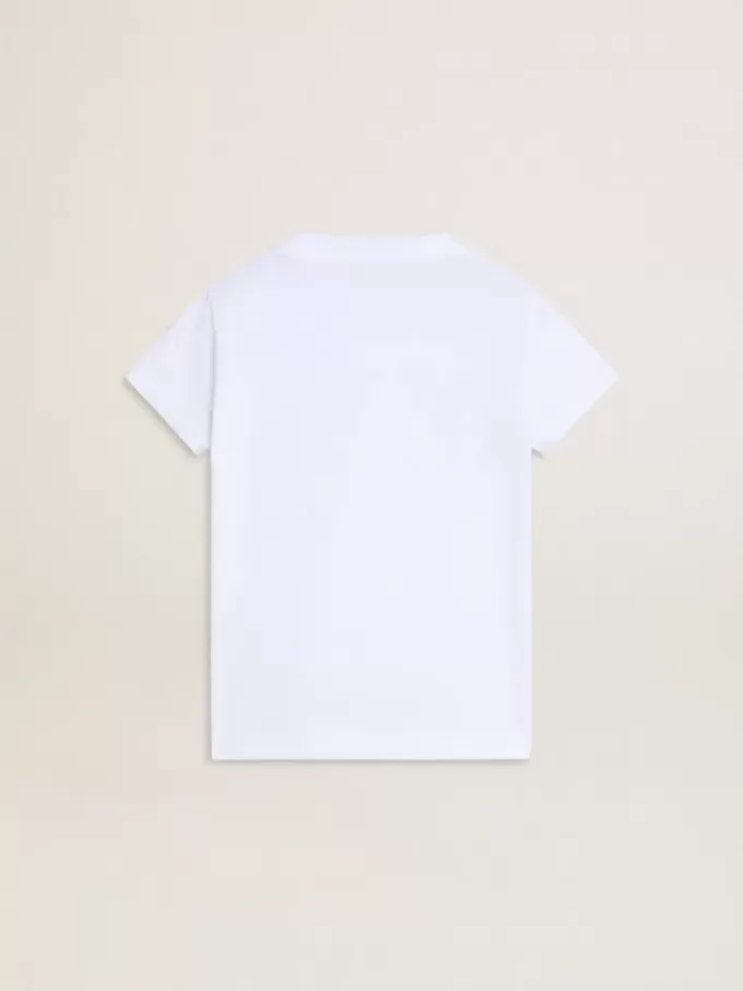 Camiseta blanca para niña con letras doradas y purpurina rosa.