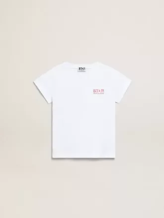 Camiseta blanca para niña con logotipo rosa brillante y estrella maxi