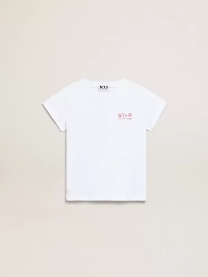 Camiseta blanca para niña con logotipo rosa brillante y estrella maxi Camiseta blanca para niña con logotipo rosa brillante y estrella maxi
