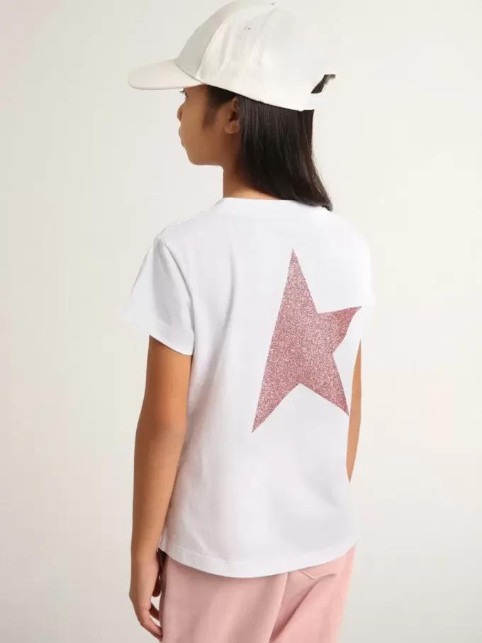 Camiseta blanca para niña con logotipo rosa brillante y estrella maxi Camiseta blanca para niña con logotipo rosa brillante y estrella maxi