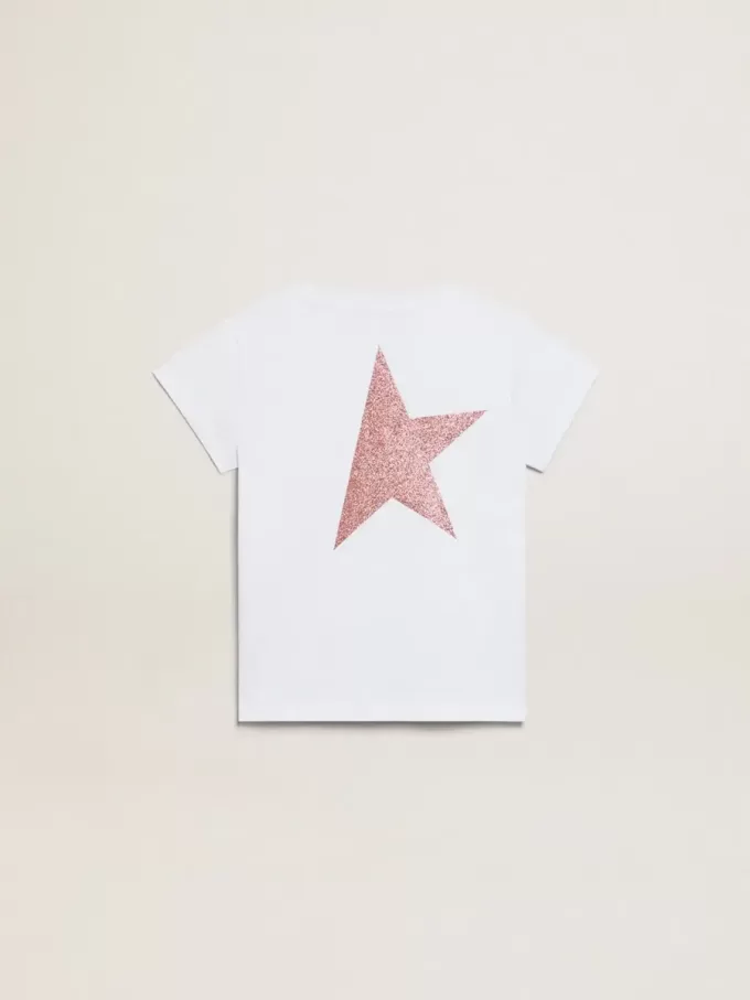 Camiseta blanca para niña con logotipo rosa brillante y estrella maxi Camiseta blanca para niña con logotipo rosa brillante y estrella maxi
