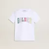 Camiseta blanca para niño con estampado multicolor dorado