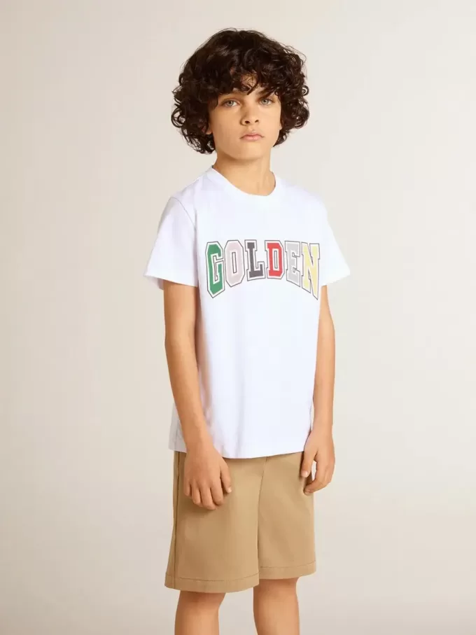 Camiseta blanca para niño con estampado multicolor dorado