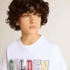 Camiseta blanca para niño con estampado multicolor dorado