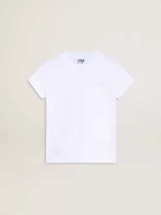 Camiseta blanca y plateada con logotipo y estrella maxi en purpurina plateada