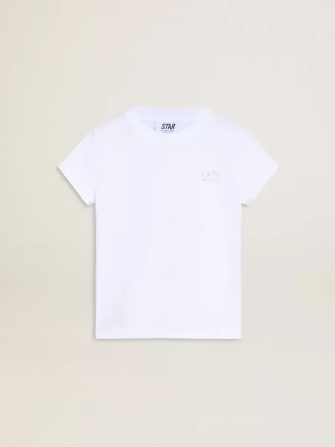 Camiseta blanca y plateada con logotipo y estrella maxi en purpurina plateada