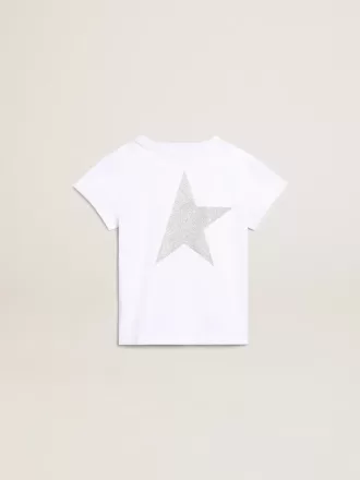 Camiseta blanca y plateada con logotipo y estrella maxi en purpurina plateada