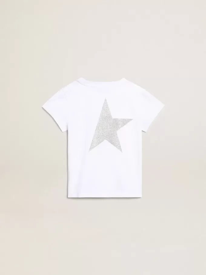 Camiseta blanca y plateada con logotipo y estrella maxi en purpurina plateada