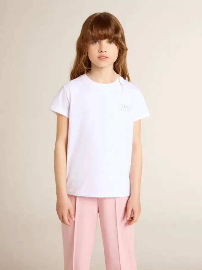 Camiseta blanca y plateada con logotipo y estrella maxi en purpurina plateada