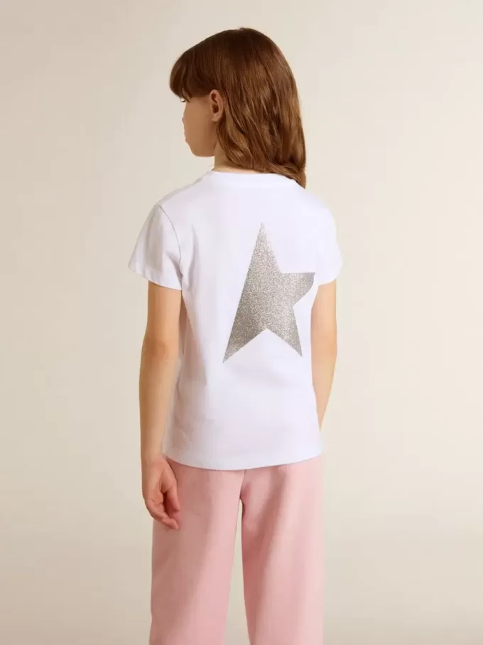 Camiseta blanca y plateada con logotipo y estrella maxi en purpurina plateada