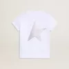 Camiseta blanca y plateada con logotipo y estrella maxi en purpurina plateada