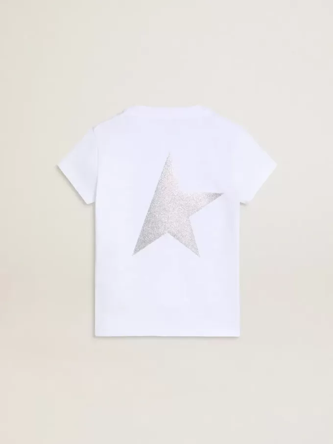 Camiseta blanca y plateada con logotipo y estrella maxi en purpurina plateada