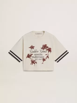 Camiseta corta oversize para mujer en jersey blanco con bordados y estampado «Venezia Mediterraneo».