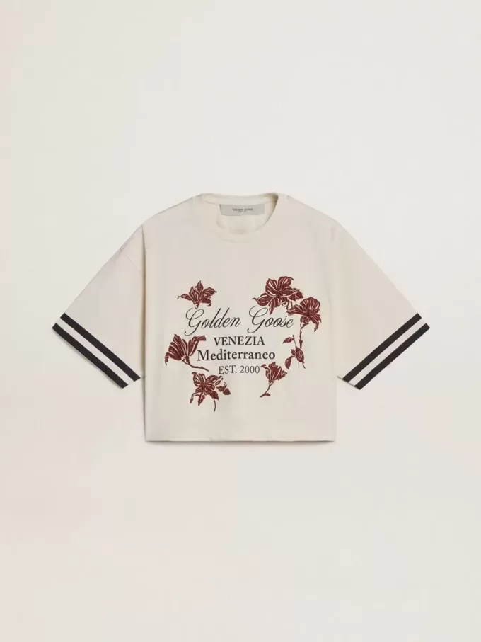 Camiseta corta oversize para mujer en jersey blanco con bordados y estampado «Venezia Mediterraneo».