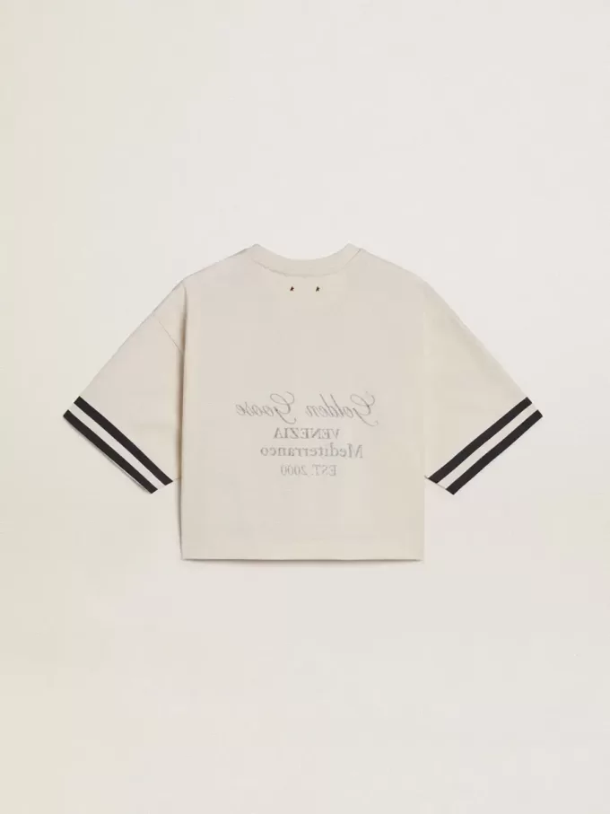 Camiseta corta oversize para mujer en jersey blanco con bordados y estampado «Venezia Mediterraneo».