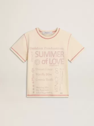 Camiseta crema para mujer con detalles en rojo descolorido