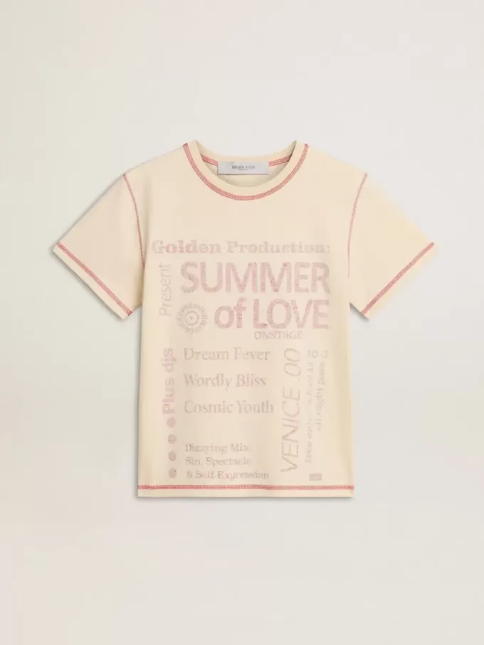 Camiseta crema para mujer con detalles en rojo descolorido