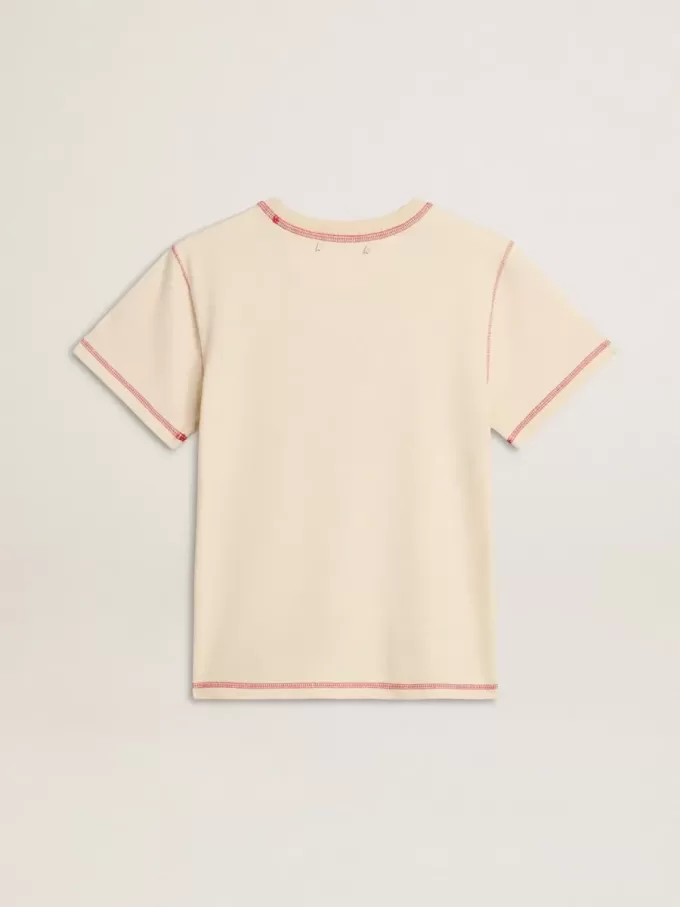 Camiseta crema para mujer con detalles en rojo descolorido