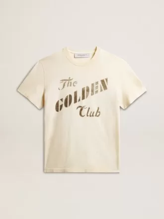 Camiseta de algodón blanco envejecido para hombre con estampado dorado