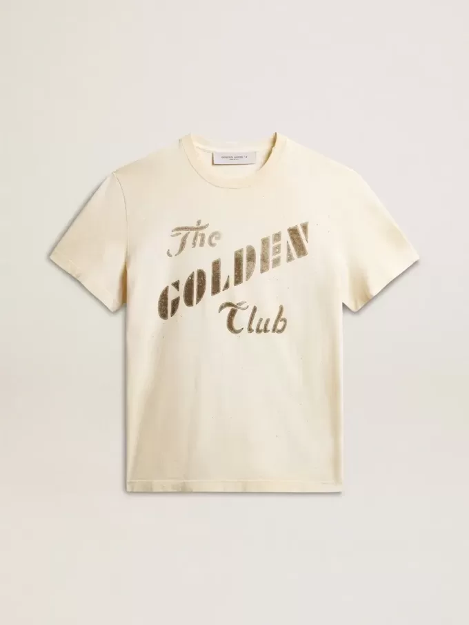 Camiseta de algodón blanco envejecido para hombre con estampado dorado