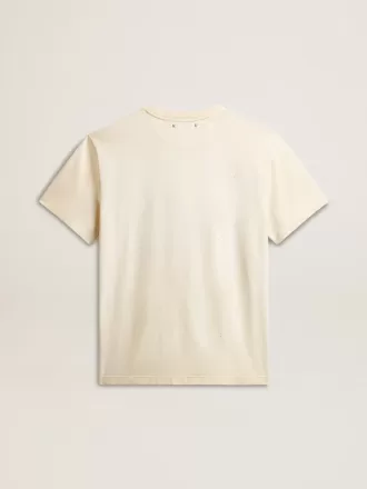 Camiseta de algodón blanco envejecido para hombre con estampado dorado