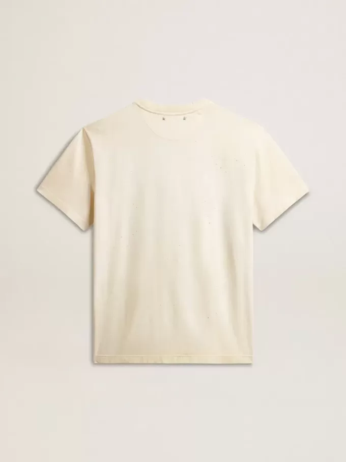 Camiseta de algodón blanco envejecido para hombre con estampado dorado
