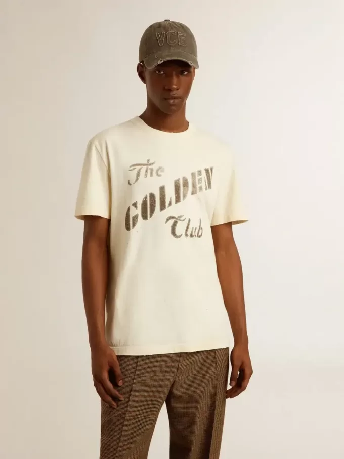 Camiseta de algodón blanco envejecido para hombre con estampado dorado