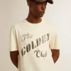 Camiseta de algodón blanco envejecido para hombre con estampado dorado