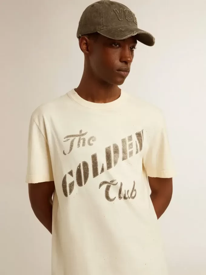 Camiseta de algodón blanco envejecido para hombre con estampado dorado