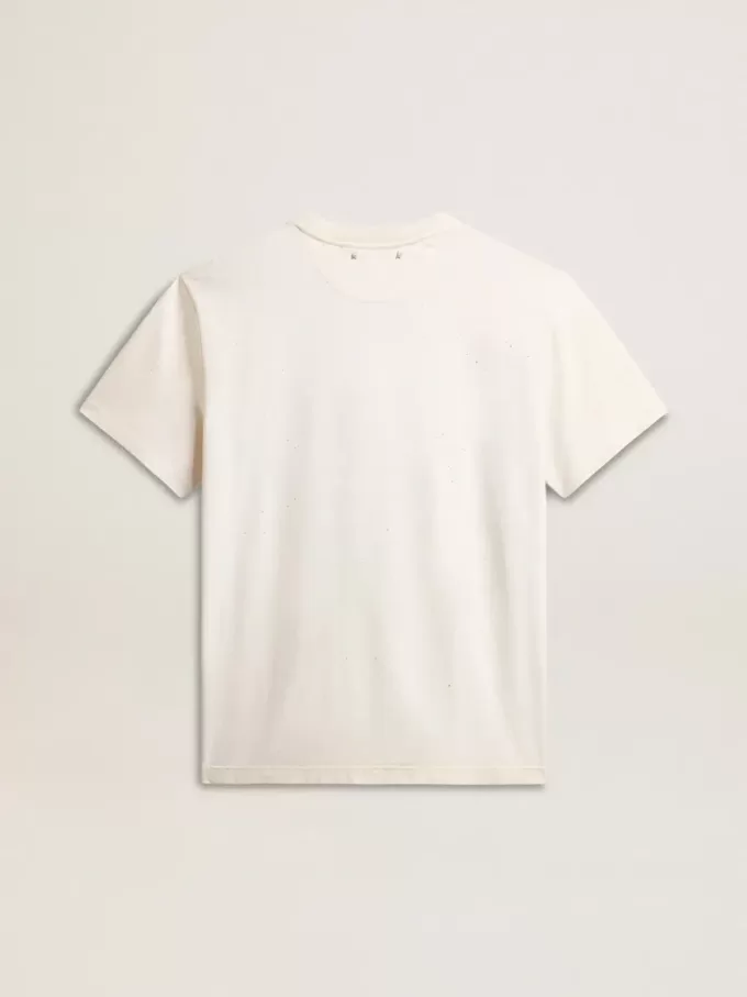 Camiseta de algodón blanco envejecido para hombre con estampado dorado