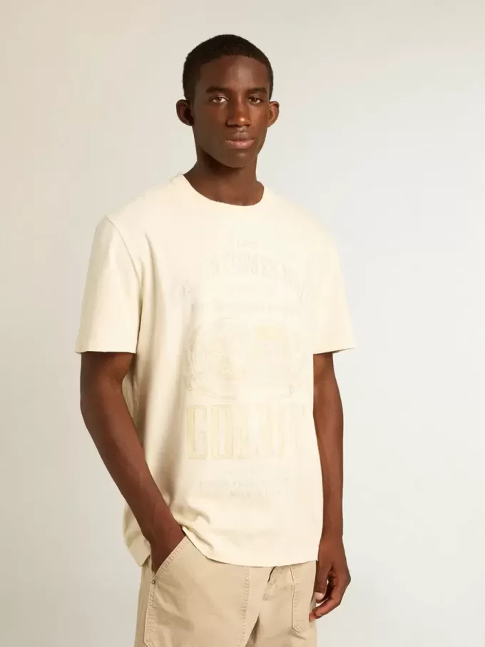 Camiseta de algodón blanco envejecido para hombre con estampado en la parte delantera
