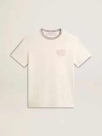 Camiseta de algodón blanco envejecido para mujer con bordado a mano