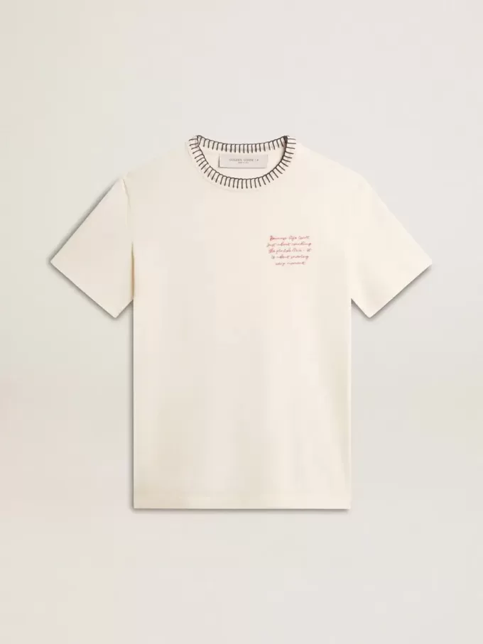 Camiseta de algodón blanco envejecido para mujer con bordado a mano
