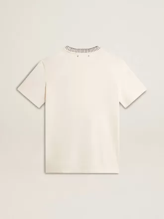 Camiseta de algodón blanco envejecido para mujer con bordado a mano