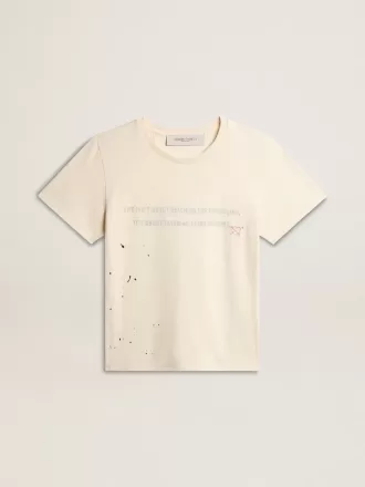 Camiseta de algodón blanco envejecido para mujer con estampado y bordado