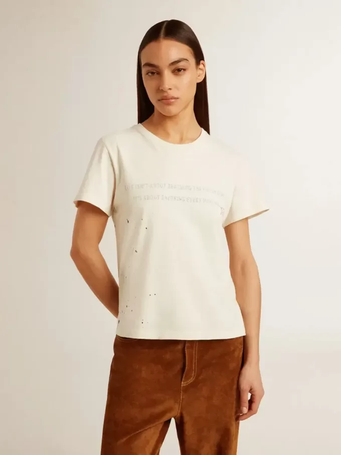 Camiseta de algodón blanco envejecido para mujer con estampado y bordado Camiseta de algodón blanco envejecido para mujer con estampado y bordado