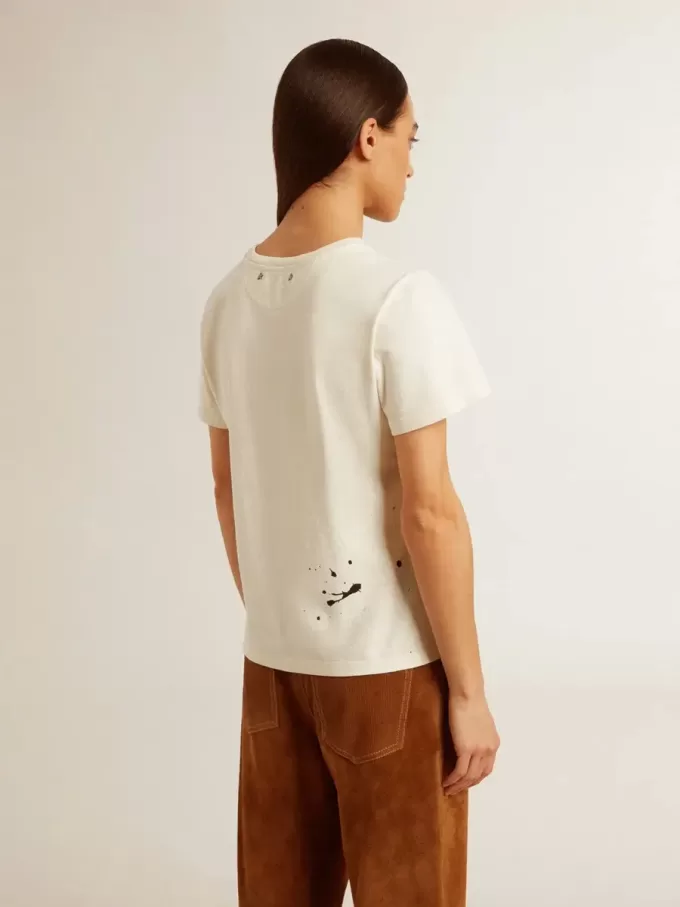 Camiseta de algodón blanco envejecido para mujer con estampado y bordado Camiseta de algodón blanco envejecido para mujer con estampado y bordado