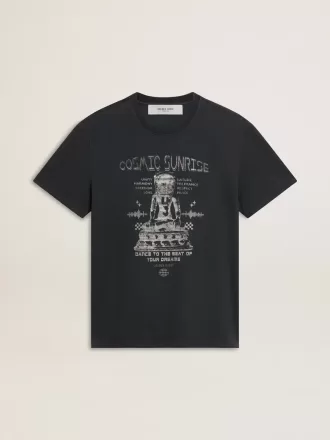 Camiseta de algodón negro desgastado para hombre con estampado en la parte delantera