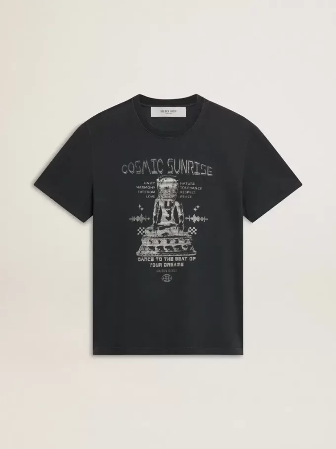 Camiseta de algodón negro desgastado para hombre con estampado en la parte delantera