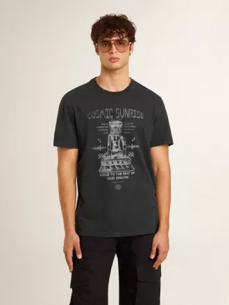Camiseta de algodón negro desgastado para hombre con estampado en la parte delantera
