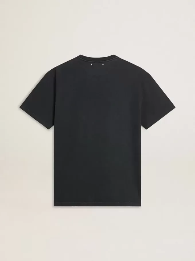 Camiseta de algodón negro desgastado para hombre con estampado en la parte delantera