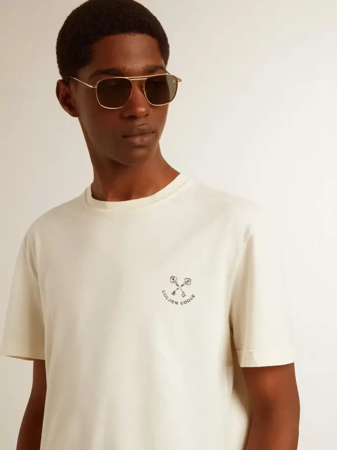 Camiseta de algodón para hombre en blanco envejecido con estampado en el corazón Camiseta de algodón para hombre en blanco envejecido con estampado en el corazón