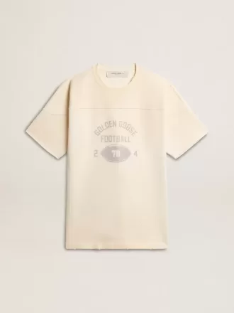 Camiseta de algodón para hombre en blanco vintage con borde sin rematar en la parte delantera.