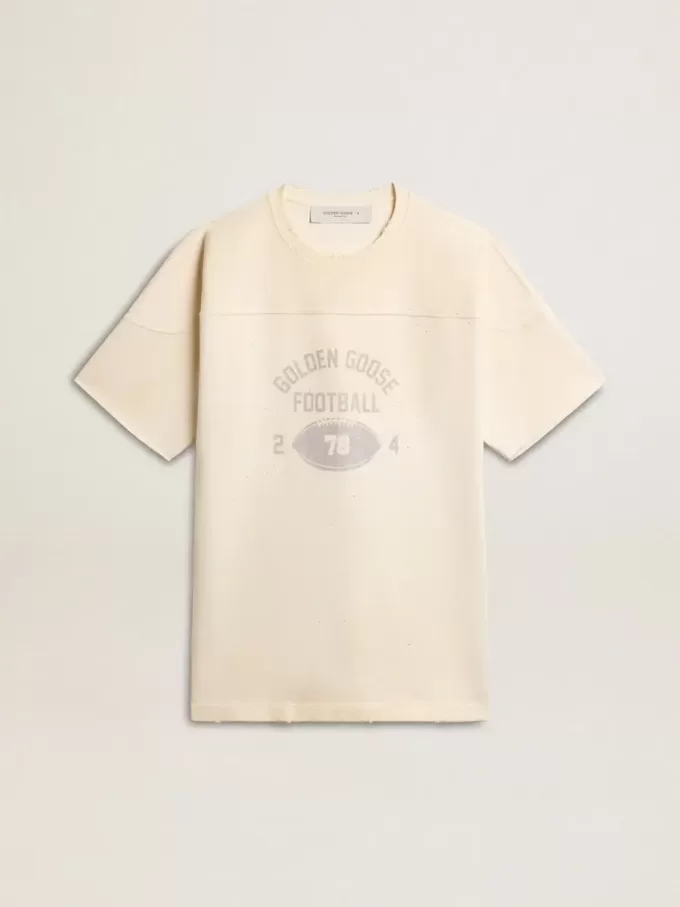 Camiseta de algodón para hombre en blanco vintage con borde sin rematar en la parte delantera.