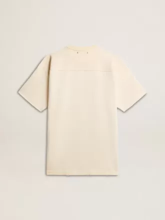 Camiseta de algodón para hombre en blanco vintage con borde sin rematar en la parte delantera.