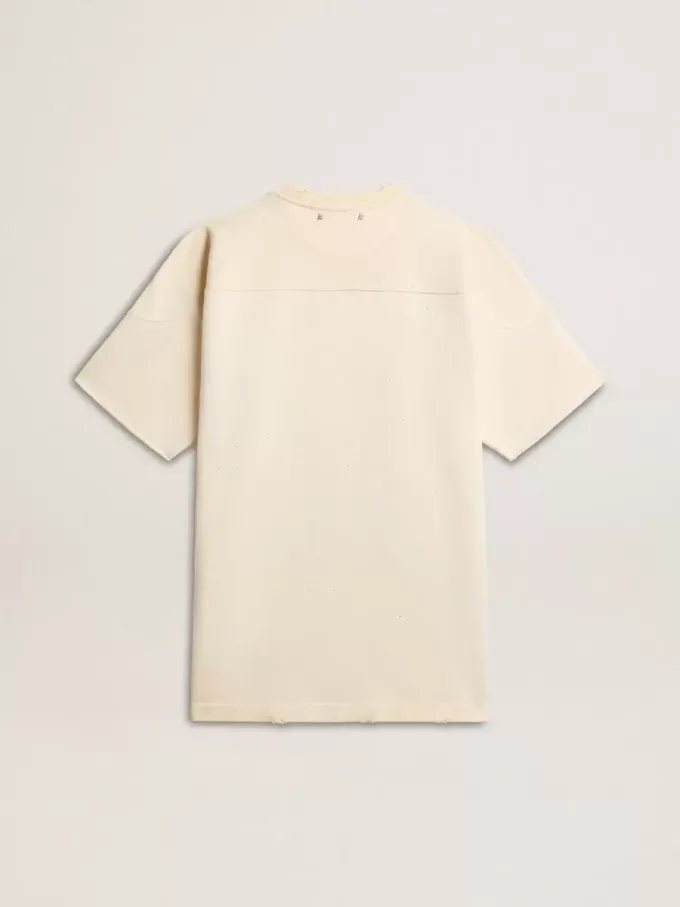 Camiseta de algodón para hombre en blanco vintage con borde sin rematar en la parte delantera.