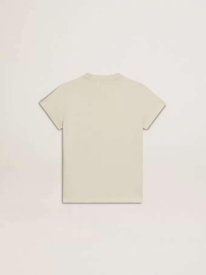 Camiseta de algodón para niña en blanco desgastado con bordado rojo en el pecho