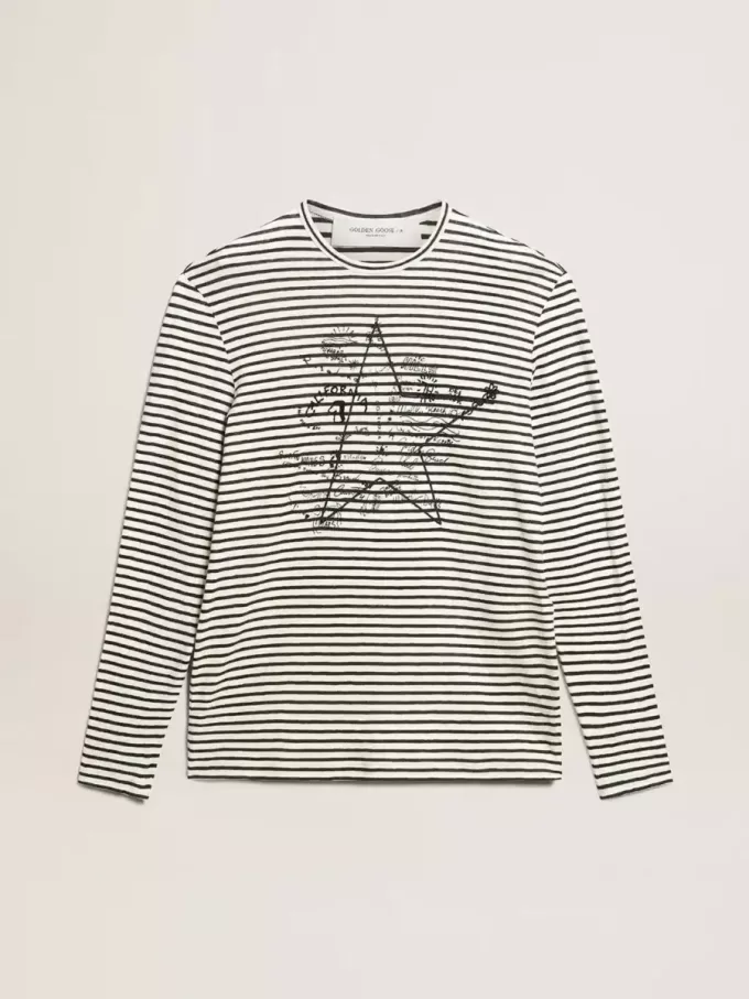 Camiseta de hombre con rayas blancas y azules y bordado en la parte delantera