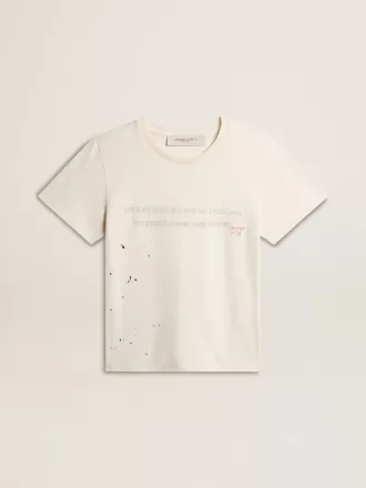 Camiseta de hombre en algodón blanco envejecido con estampado y bordado