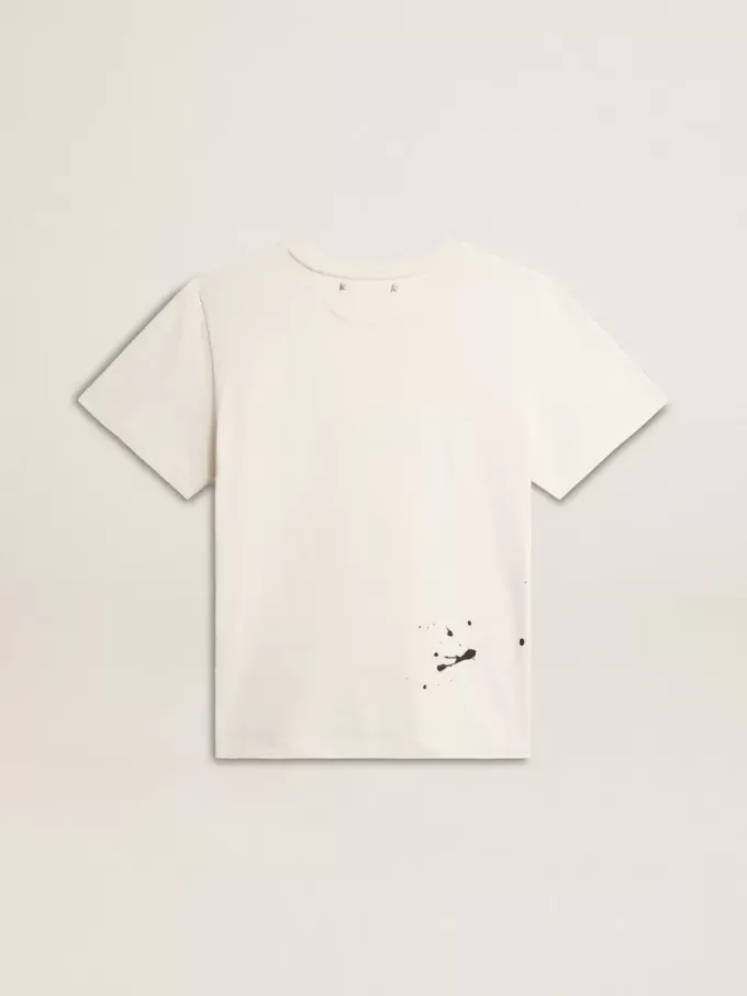 Camiseta de hombre en algodón blanco envejecido con estampado y bordado